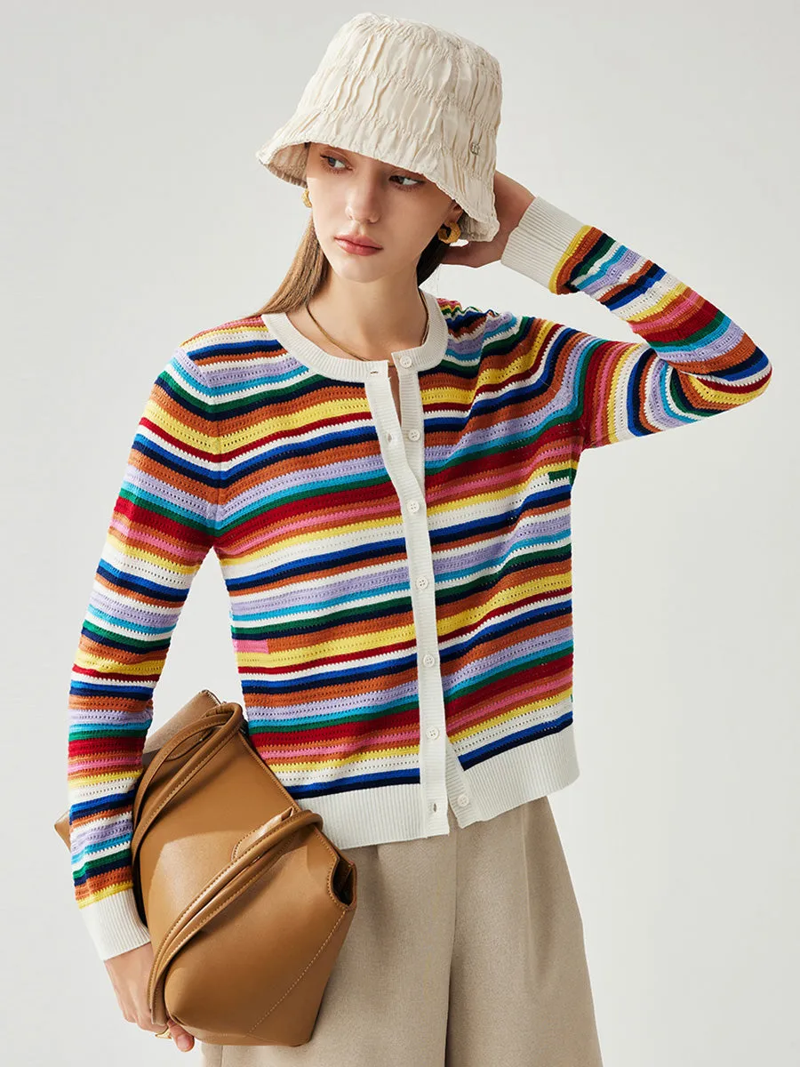 Women's Ribbed Rainbow Striped Knit Cardigan sold by COMOBOCA