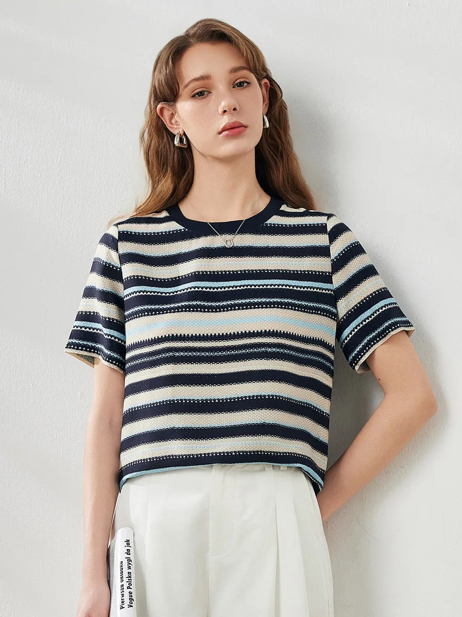 Women's Striped Woven Ribbed T-Shirt sold by COMOBOCA