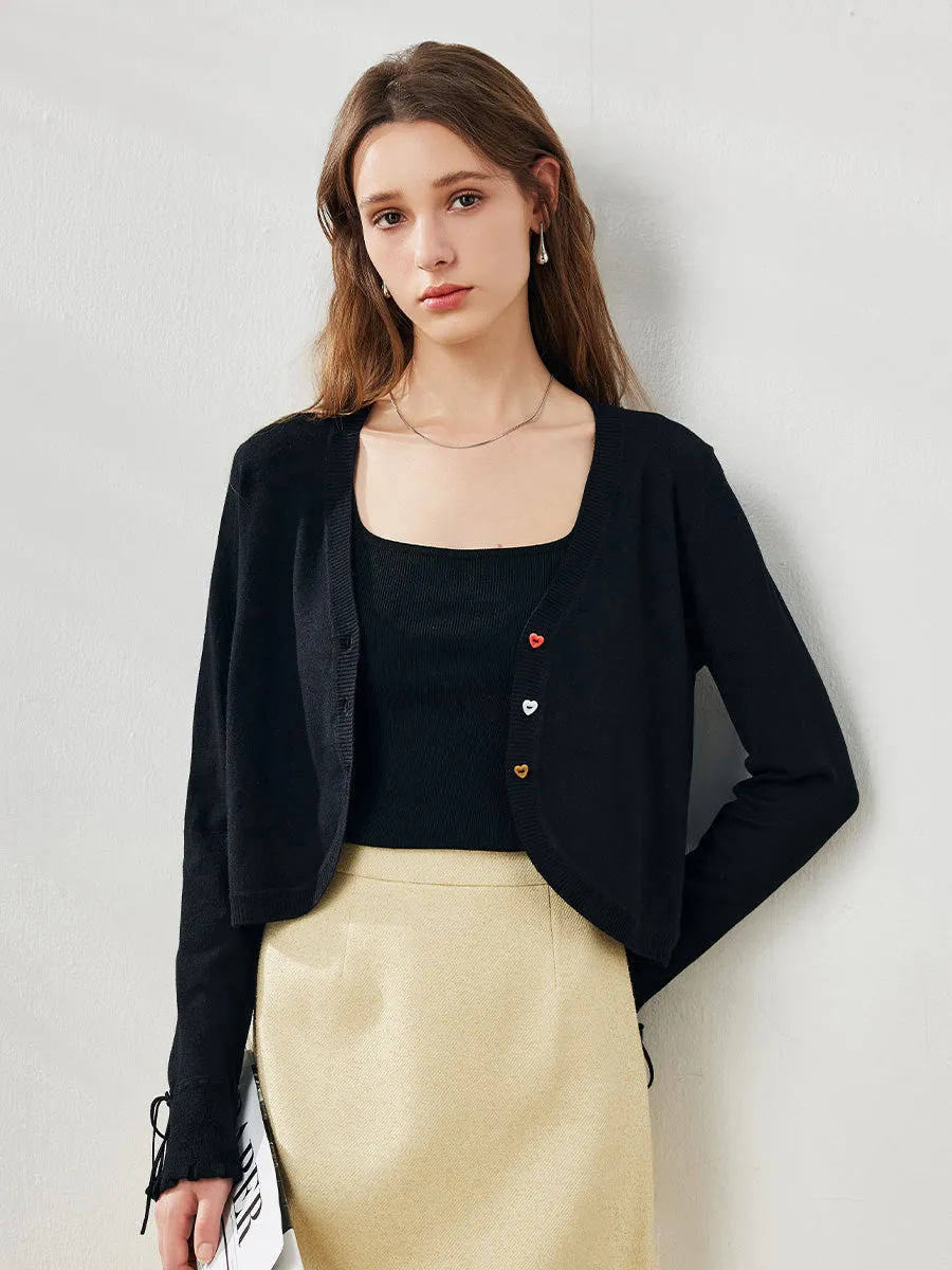 Women's Heart Button Cropped Ruffle Bell Cardigan sold by COMOBOCA