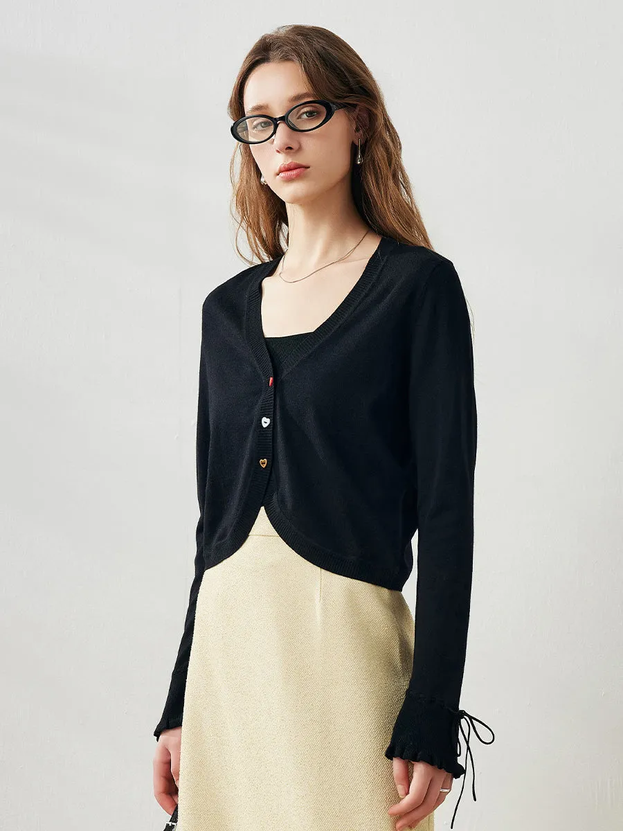 Women's Heart Button Cropped Ruffle Bell Cardigan sold by COMOBOCA product image thumbnail 3