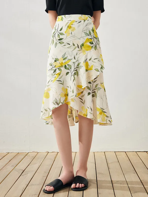 100% Mulberry Silk Women's Floral Ruffle Midi Skirt sold by COMOBOCA