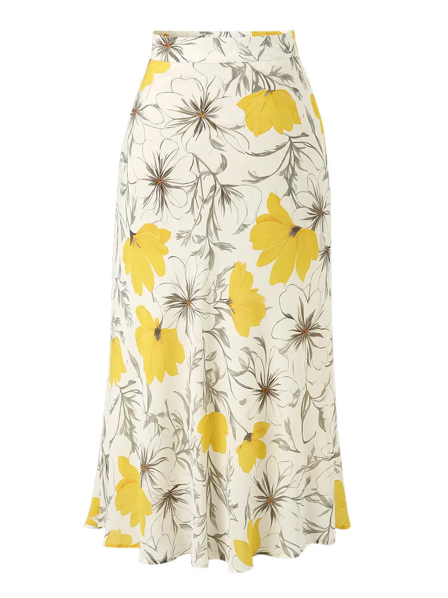100% Mulberry Silk Women's Floral A-Line Midi Skirt sold by COMOBOCA product image thumbnail 3