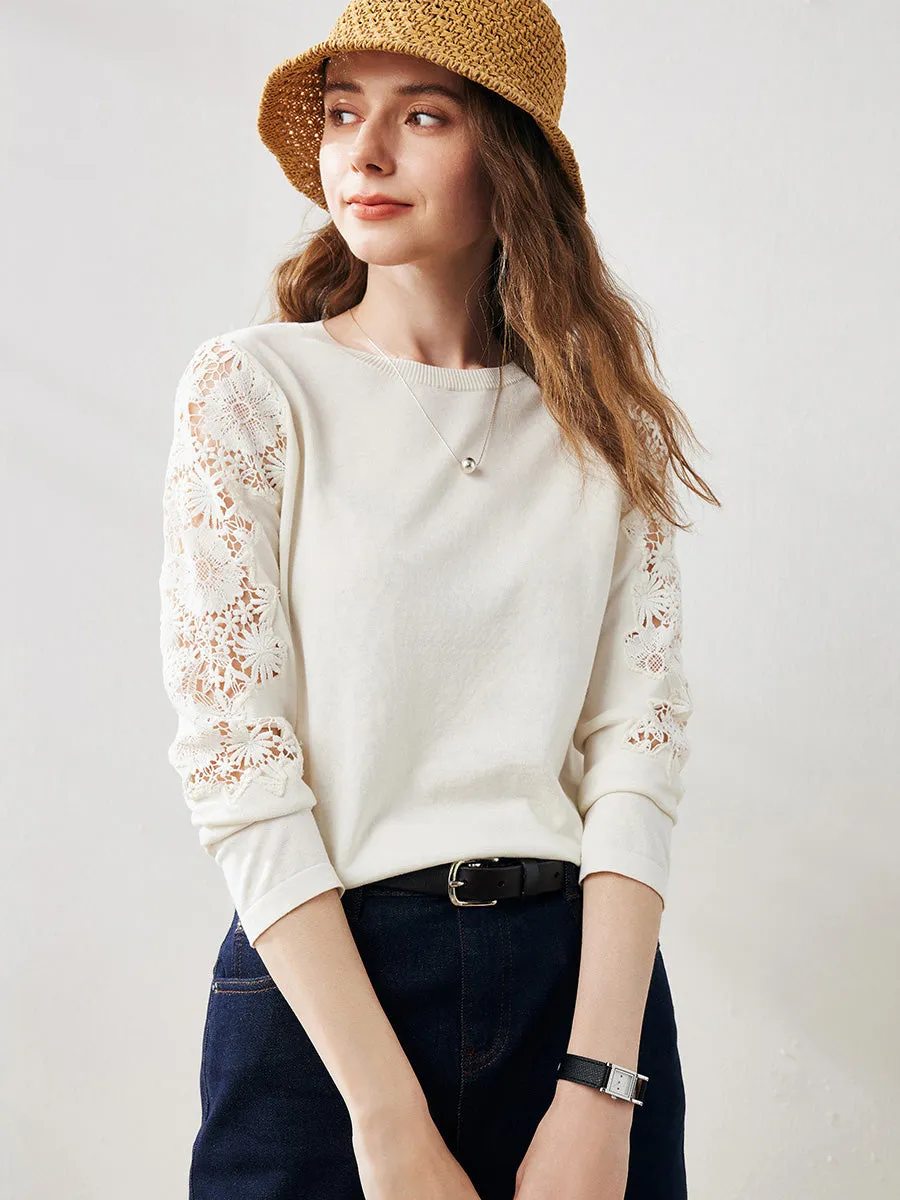 Women's Lace Sleeve Round Neck Sweater sold by COMOBOCA product image thumbnail 5