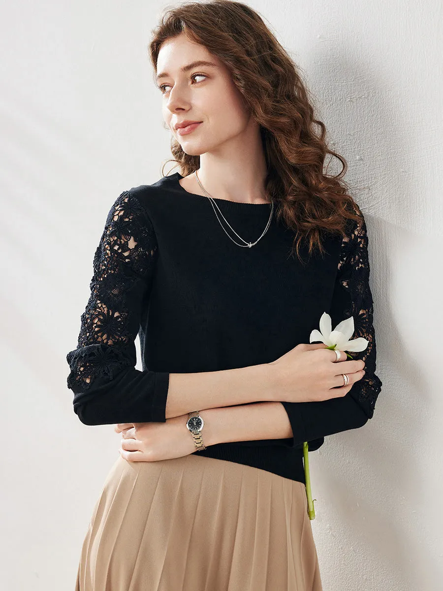 Women's Lace Sleeve Round Neck Sweater sold by COMOBOCA product image thumbnail 2