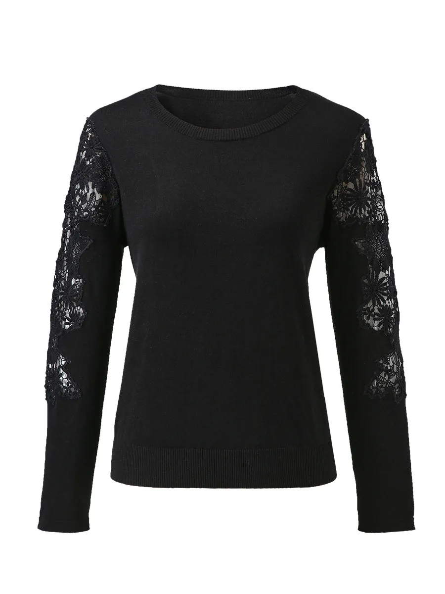 Women's Lace Sleeve Round Neck Sweater sold by COMOBOCA product image thumbnail 4