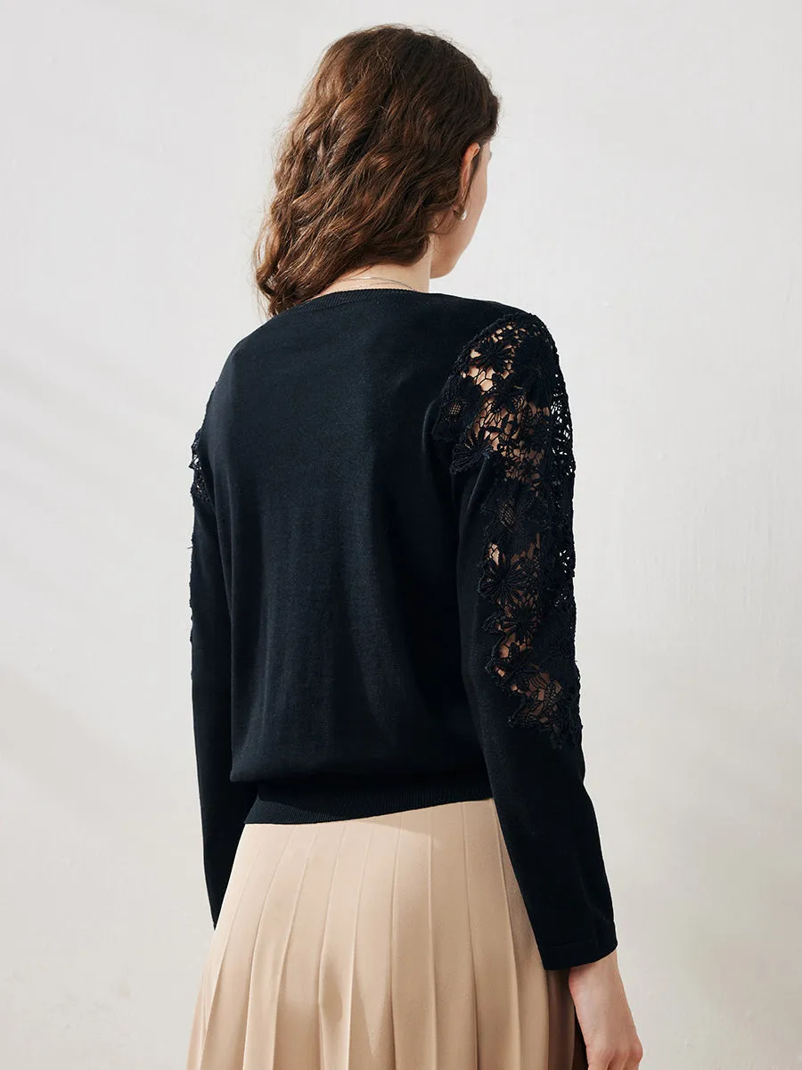 Women's Lace Sleeve Round Neck Sweater sold by COMOBOCA product image thumbnail 3