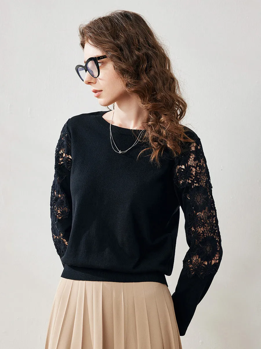 Women's Lace Sleeve Round Neck Sweater sold by COMOBOCA