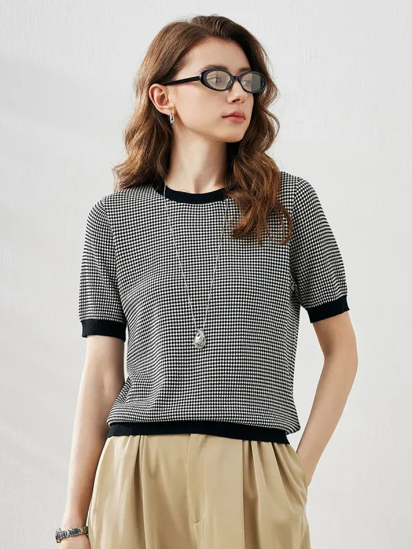 Women's Houndstooth Pattern Knit T-Shirt sold by COMOBOCA