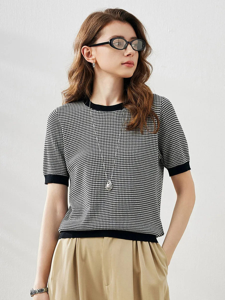 Women's Houndstooth Pattern Knit T-Shirt sold by COMOBOCA