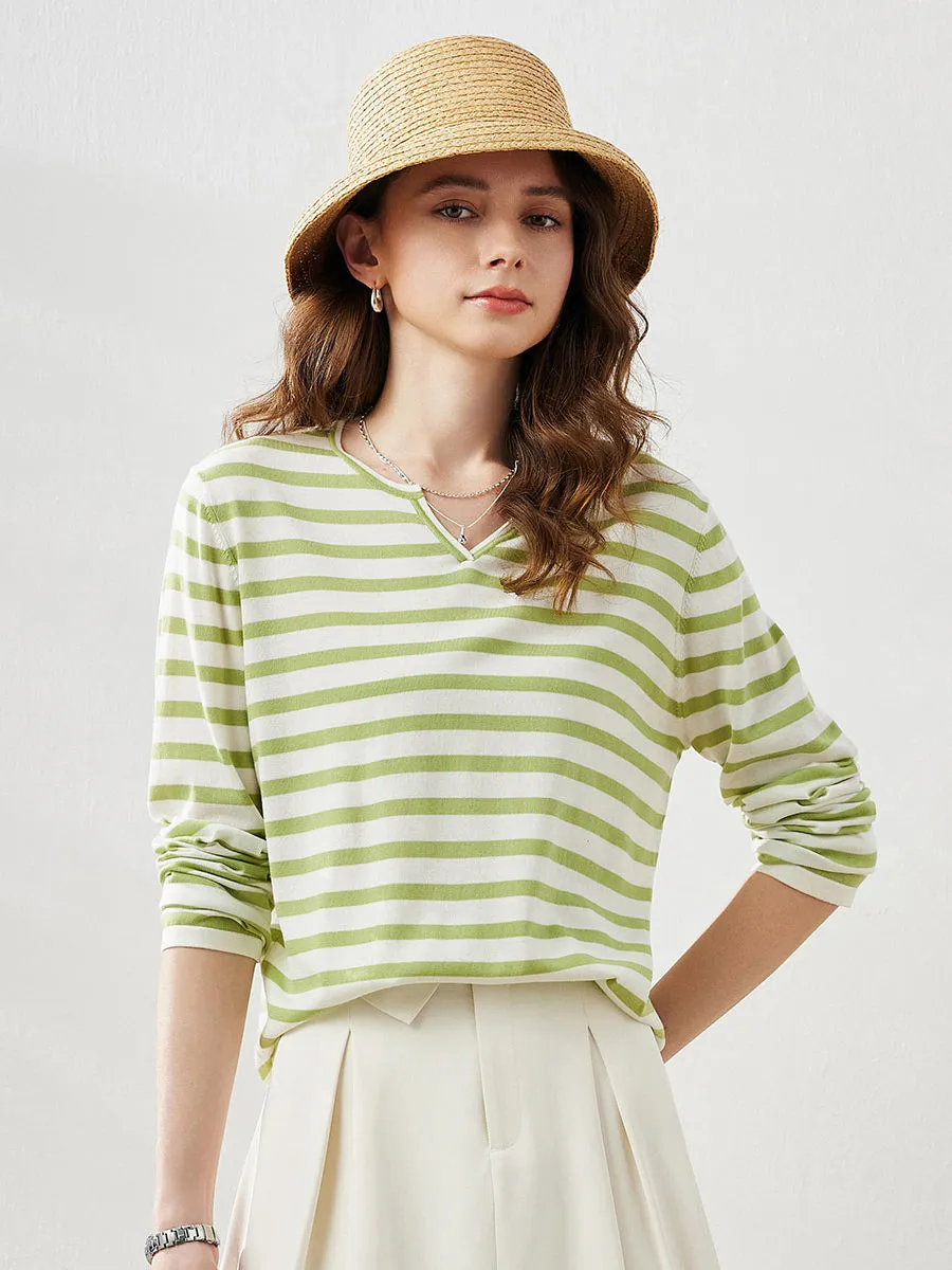 Women's Striped Long Sleeve V-Neck T-Shirt sold by COMOBOCA