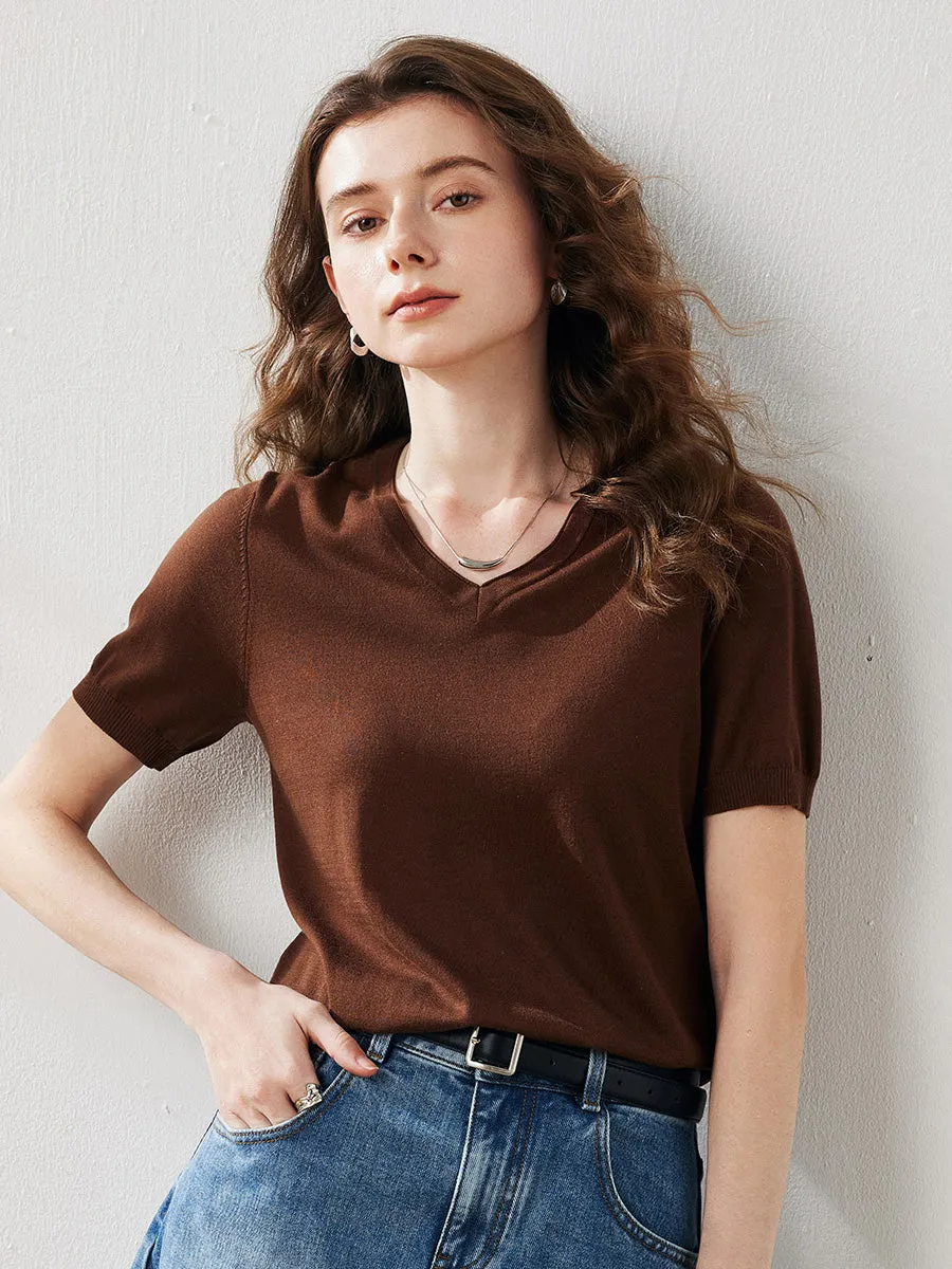 Women's Lyocell V-Neck Ribbed Knit T-Shirt sold by COMOBOCA