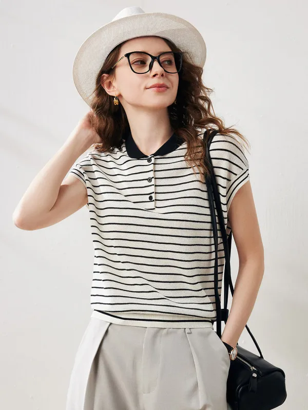 Women's Cotton Silk Striped Knit Polo Shirt sold by COMOBOCA