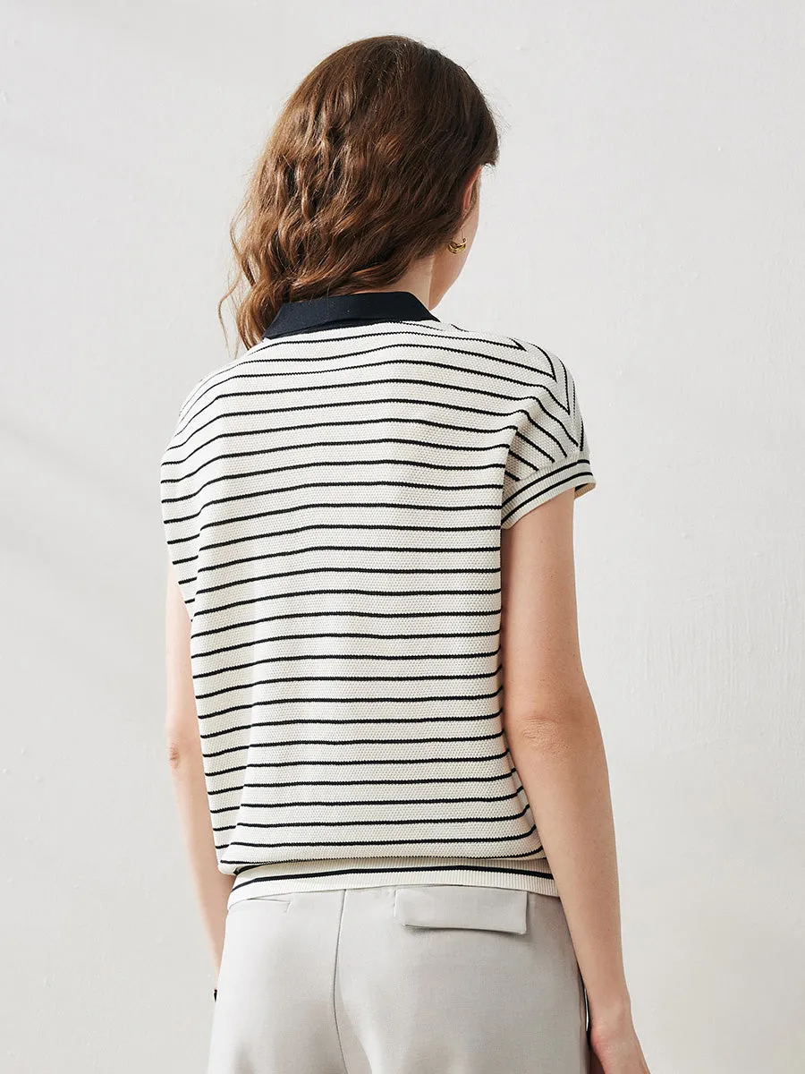Women's Cotton Silk Striped Knit Polo Shirt sold by COMOBOCA product image thumbnail 2