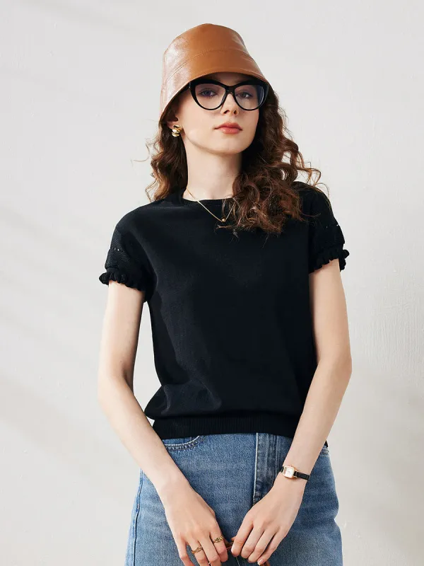 Women's Cotton Silk Elegant Ruffled Sleeve Knit T-Shirt sold by COMOBOCA