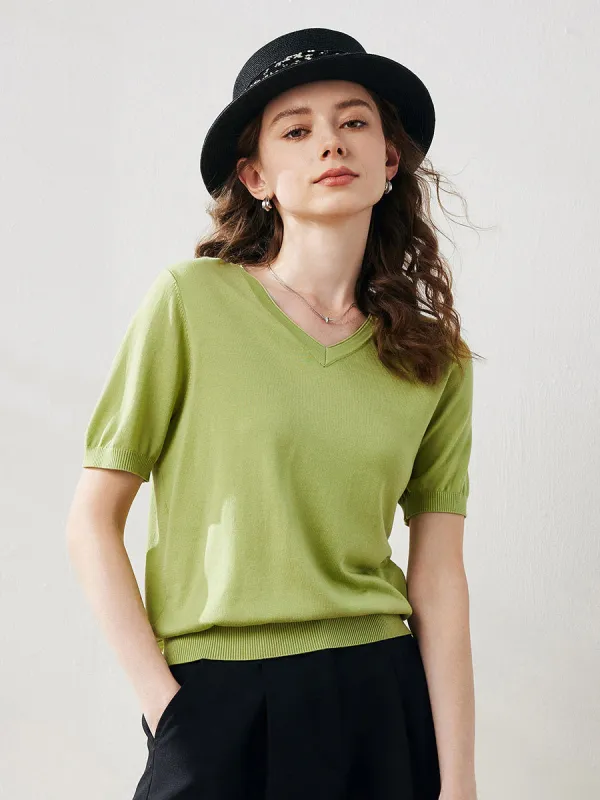 Women's V-Neck Knit T-Shirt sold by COMOBOCA