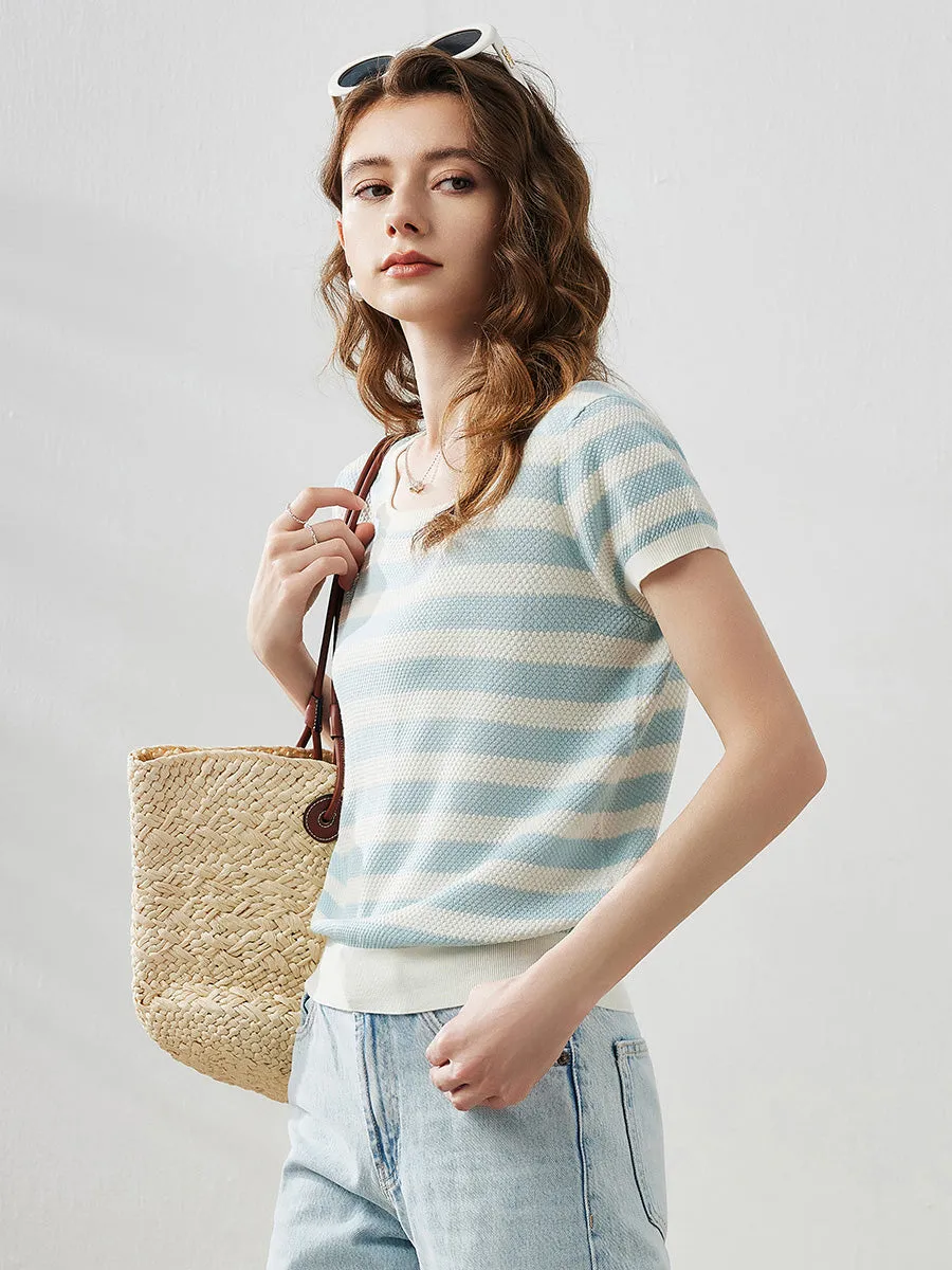 Women's Striped Ribbed Knit T-Shirt sold by COMOBOCA product image thumbnail 3