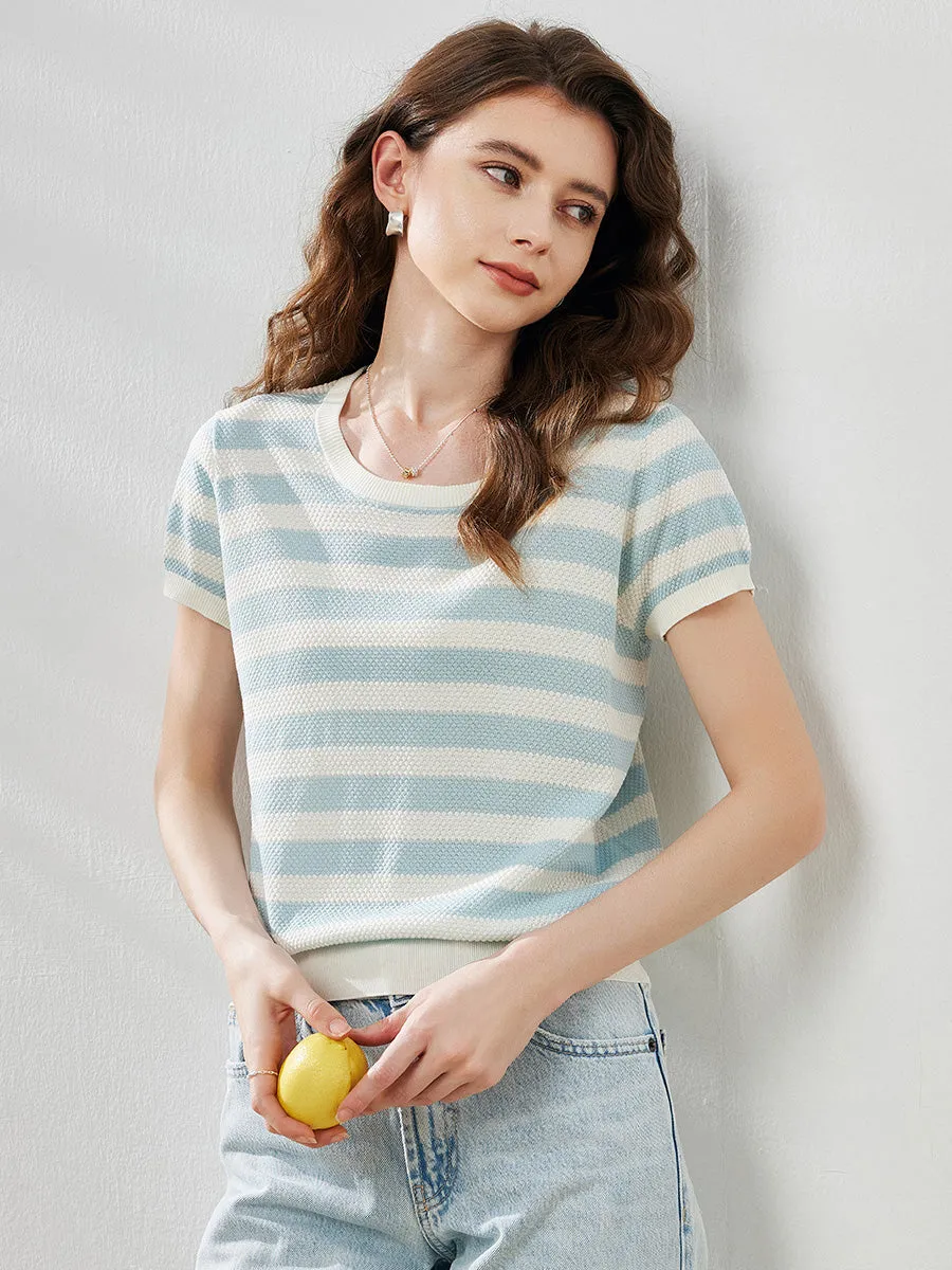 Women's Striped Ribbed Knit T-Shirt sold by COMOBOCA