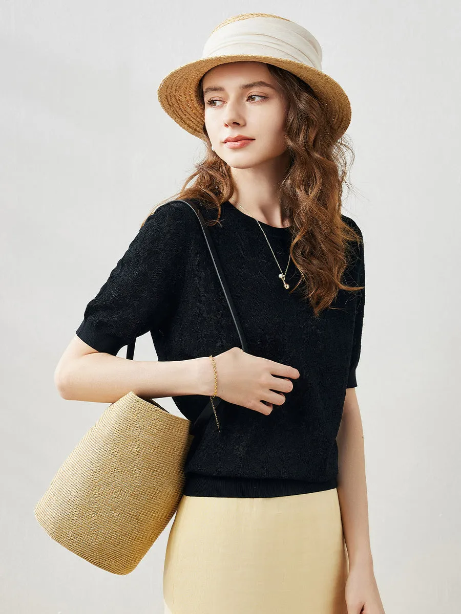 Women's Cotton Silk Versatile Floral Lace Knit T-Shirt sold by COMOBOCA product image thumbnail 4