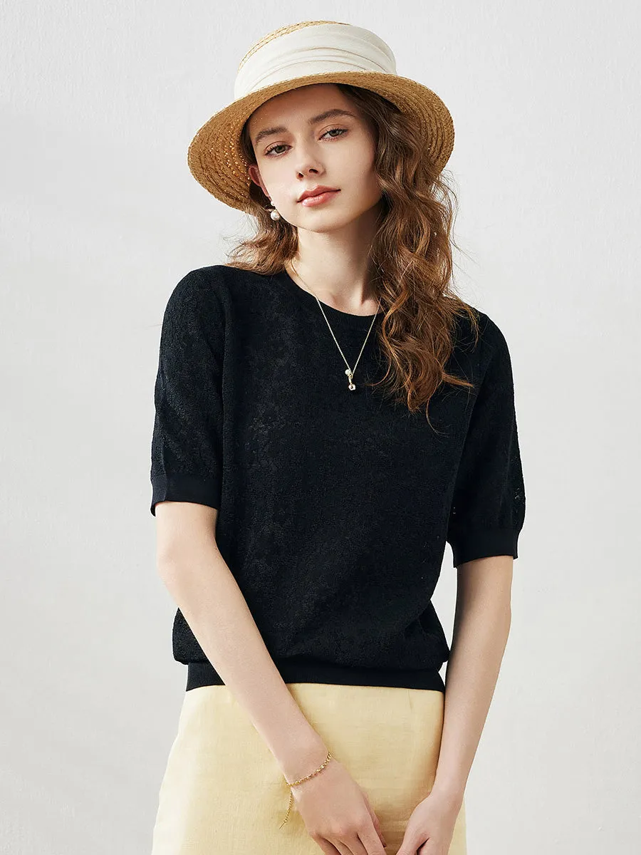 Women's Cotton Silk Versatile Floral Lace Knit T-Shirt sold by COMOBOCA product image thumbnail 2