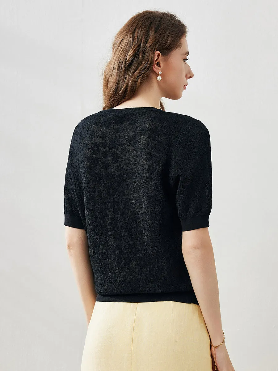 Women's Cotton Silk Versatile Floral Lace Knit T-Shirt sold by COMOBOCA product image thumbnail 3