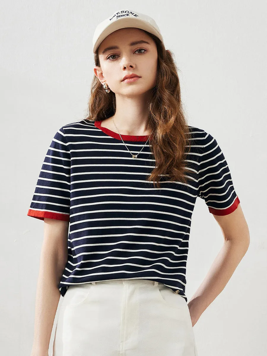 Women's Striped Ribbed Contrast Trim T-Shirt sold by COMOBOCA product image thumbnail 5