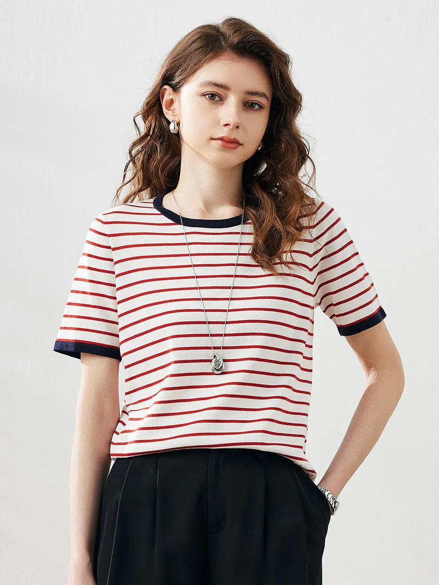 Women's Striped Ribbed Contrast Trim T-Shirt sold by COMOBOCA