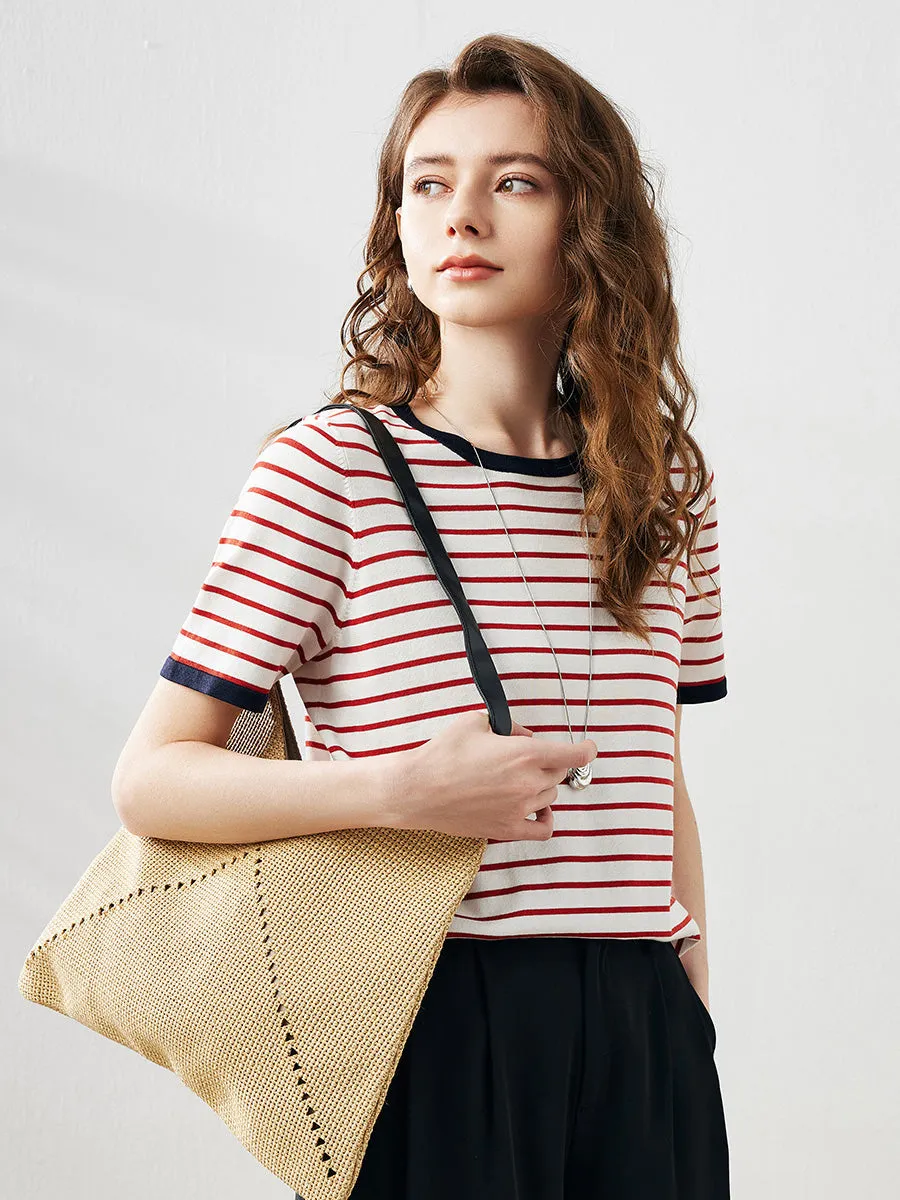 Women's Striped Ribbed Contrast Trim T-Shirt sold by COMOBOCA product image thumbnail 2