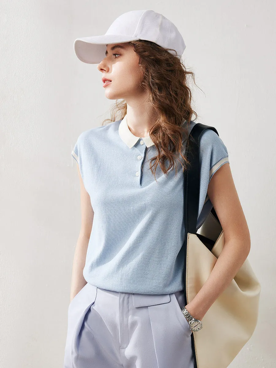 Women's Cotton Silk Ribbed Polo Neck Knit T-Shirt sold by COMOBOCA product image thumbnail 3