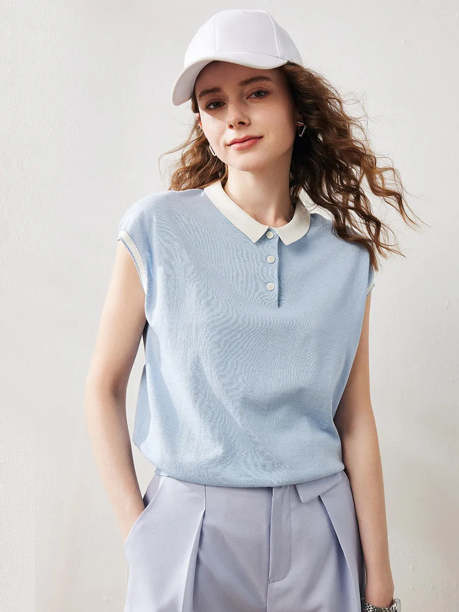 Women's Cotton Silk Ribbed Polo Neck Knit T-Shirt sold by COMOBOCA