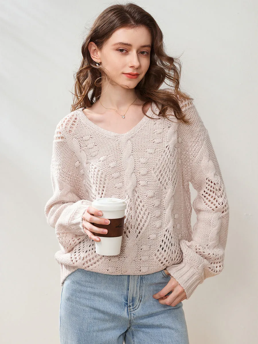 100% Wool Women's V-Neck Cable Knit Sweater sold by COMOBOCA