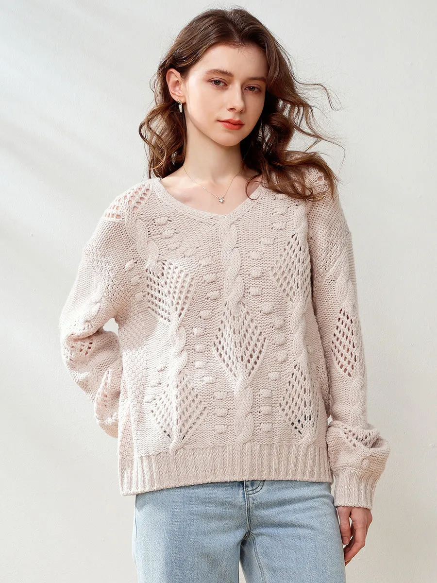 100% Wool Women's V-Neck Cable Knit Sweater sold by COMOBOCA product image thumbnail 3