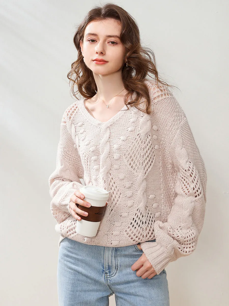 100% Wool Women's V-Neck Cable Knit Sweater sold by COMOBOCA product image thumbnail 4
