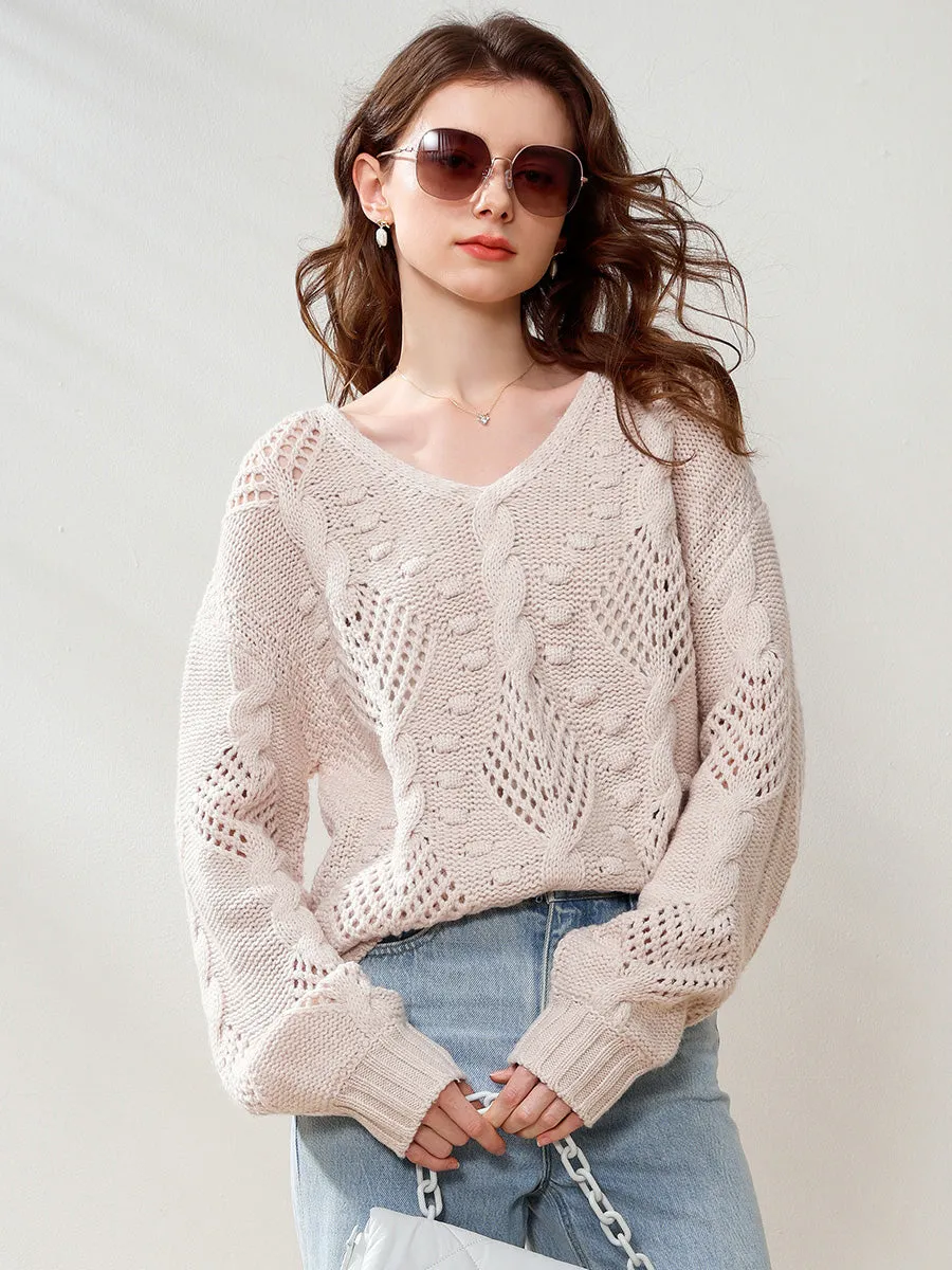 100% Wool Women's V-Neck Cable Knit Sweater sold by COMOBOCA product image thumbnail 2