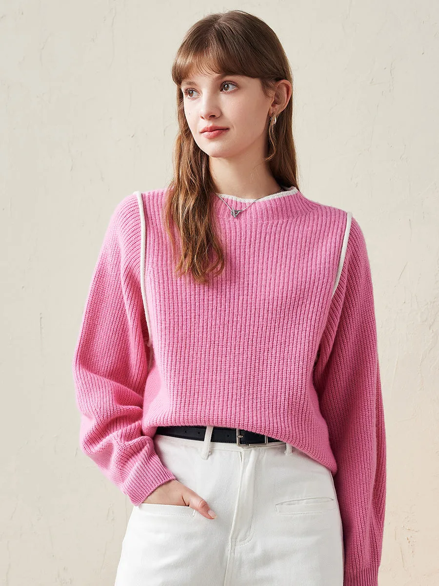 100% Wool Women's Color Block Ribbed Knit Sweater sold by COMOBOCA product image thumbnail 5