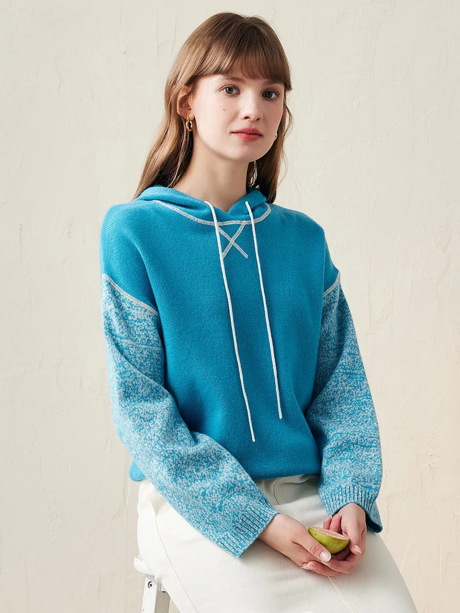 100% Wool Women's Two Tone Patterned Sleeve Hoodie Sweater sold by COMOBOCA product image thumbnail 2