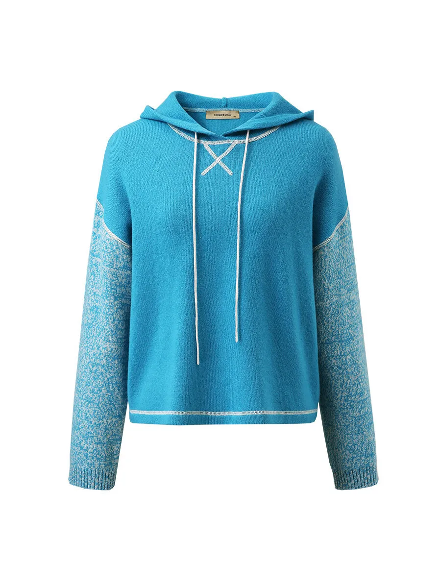 100% Wool Women's Two Tone Patterned Sleeve Hoodie Sweater sold by COMOBOCA product image thumbnail 4