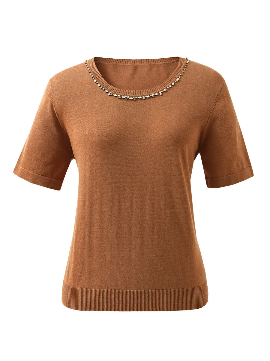 Women's Cotton Silk Jeweled Neckline T-Shirt sold by COMOBOCA product image thumbnail 5