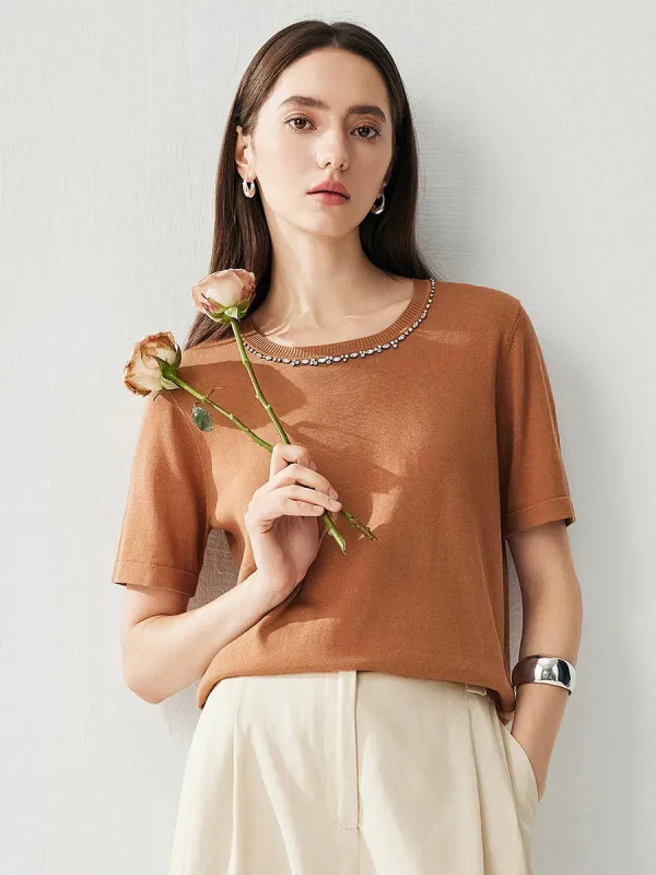 Women's Cotton Silk Jeweled Neckline T-Shirt sold by COMOBOCA