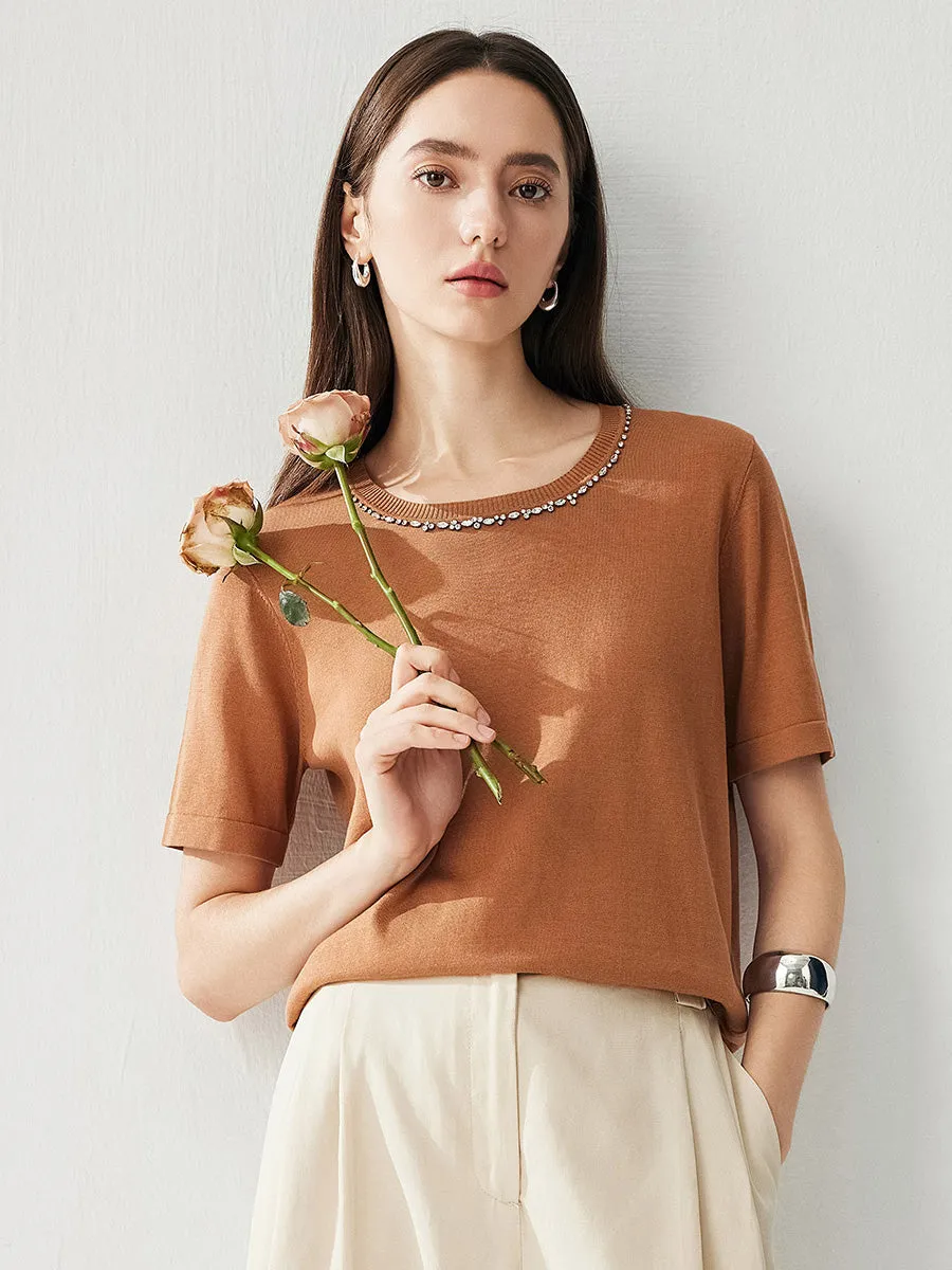 Women's Cotton Silk Jeweled Neckline T-Shirt sold by COMOBOCA