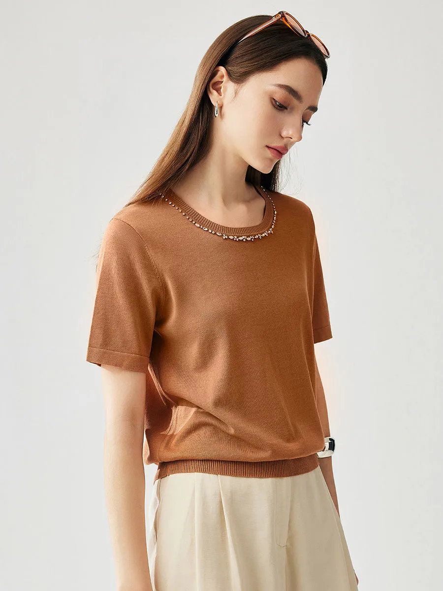 Women's Cotton Silk Jeweled Neckline T-Shirt sold by COMOBOCA product image thumbnail 2