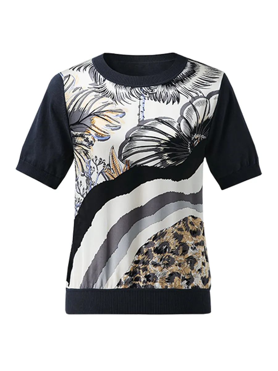 Women's Cotton Silk Floral Ribbed Print Knit T-Shirt sold by COMOBOCA product image thumbnail 3