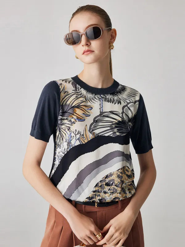 Women's Cotton Silk Floral Ribbed Print Knit T-Shirt sold by COMOBOCA
