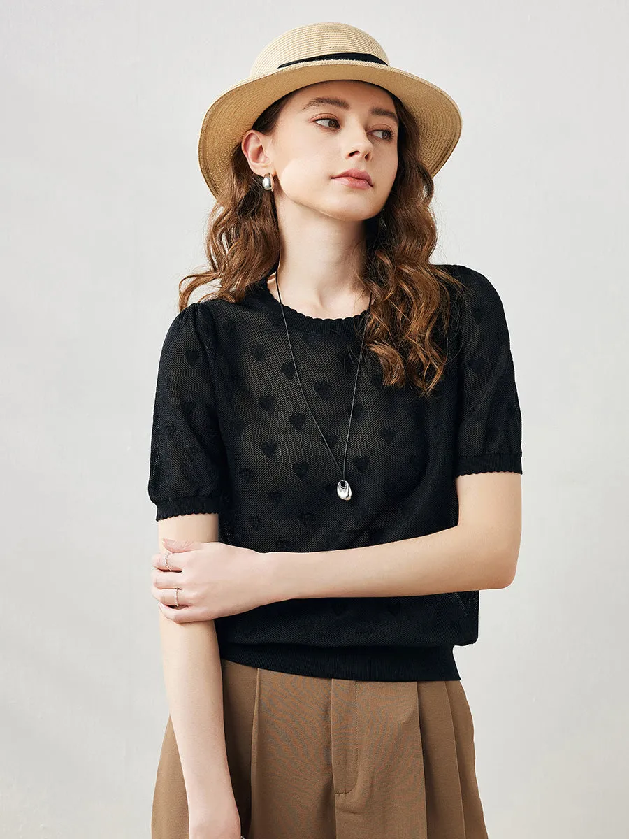 Women's Puff-Sleeve Heart Pattern T-Shirt sold by COMOBOCA