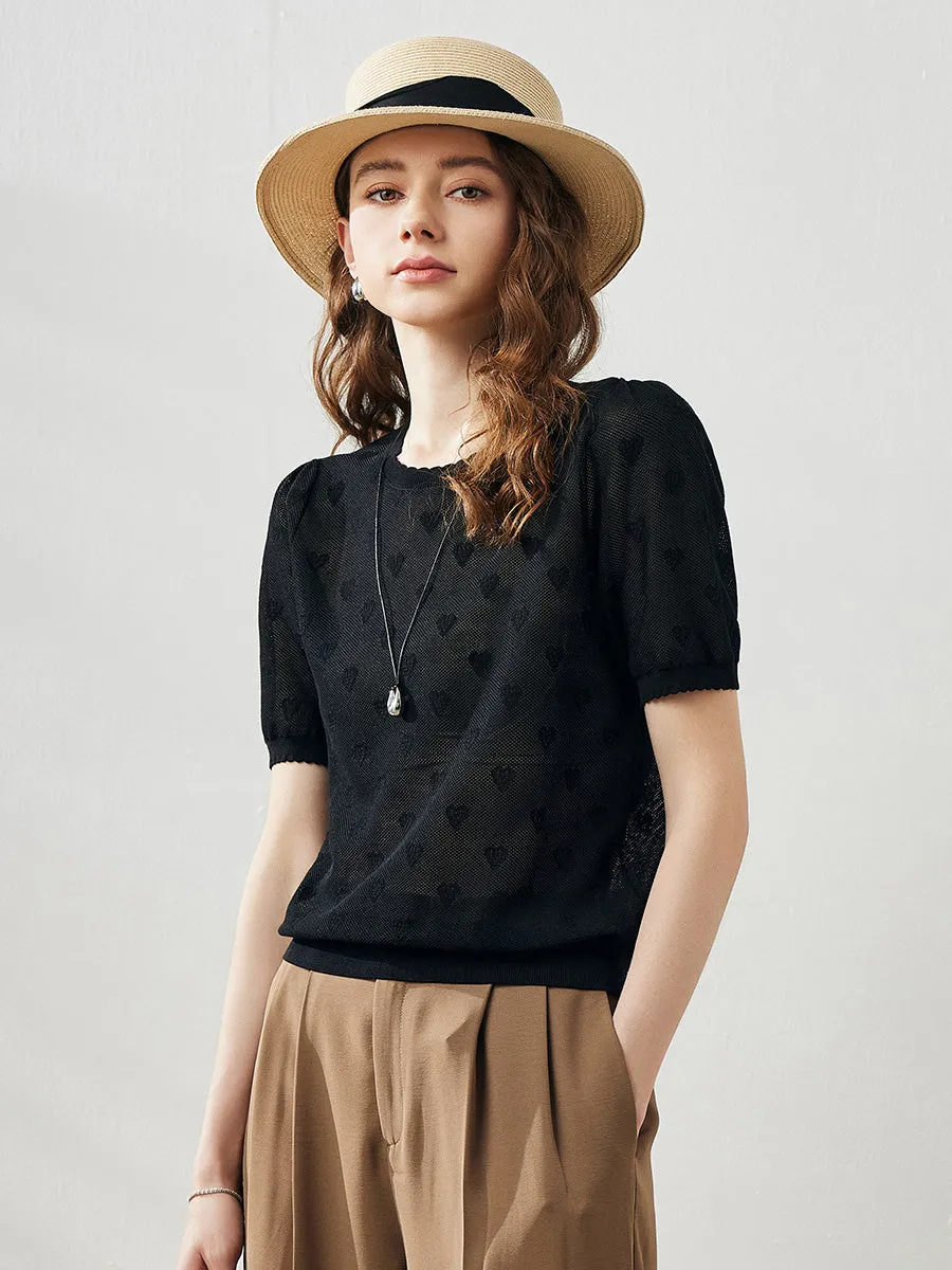 Women's Puff-Sleeve Heart Pattern T-Shirt sold by COMOBOCA product image thumbnail 3