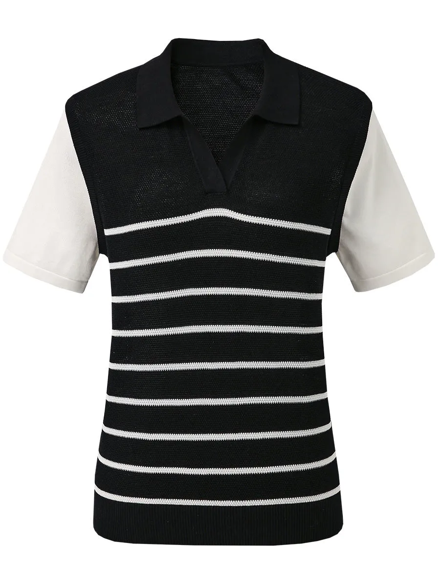Women's Striped Knit Polo T-Shirt sold by COMOBOCA product image thumbnail 4
