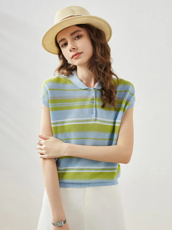 Women's Striped Knit Polo T-Shirt sold by COMOBOCA