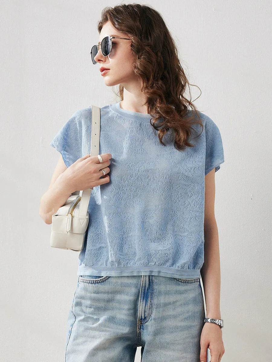 Women's Lace Patterned Knit T-Shirt sold by COMOBOCA product image thumbnail 4