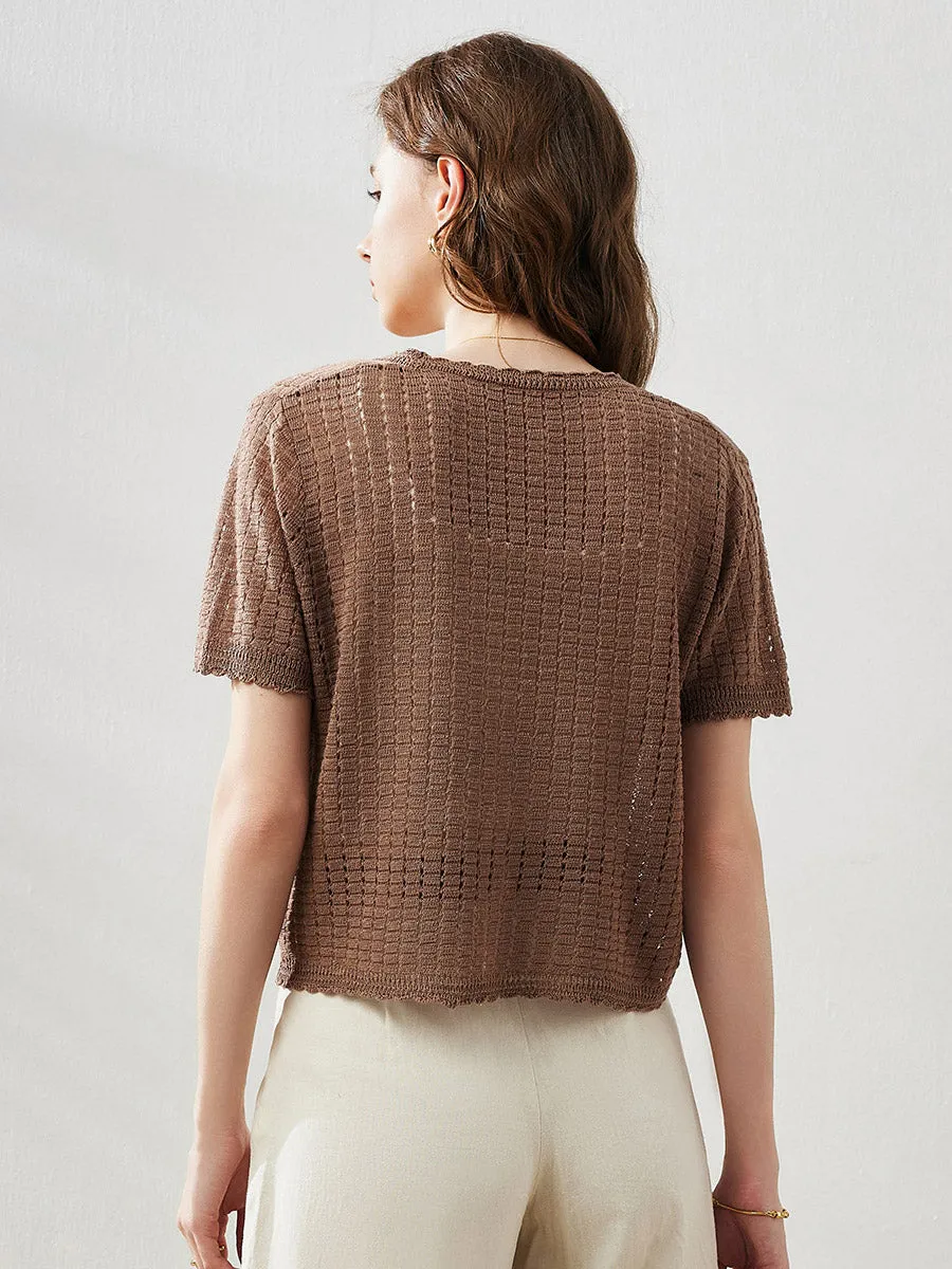 Women's Linen Crochet Tie Short Sleeve Cardigan sold by COMOBOCA product image thumbnail 3