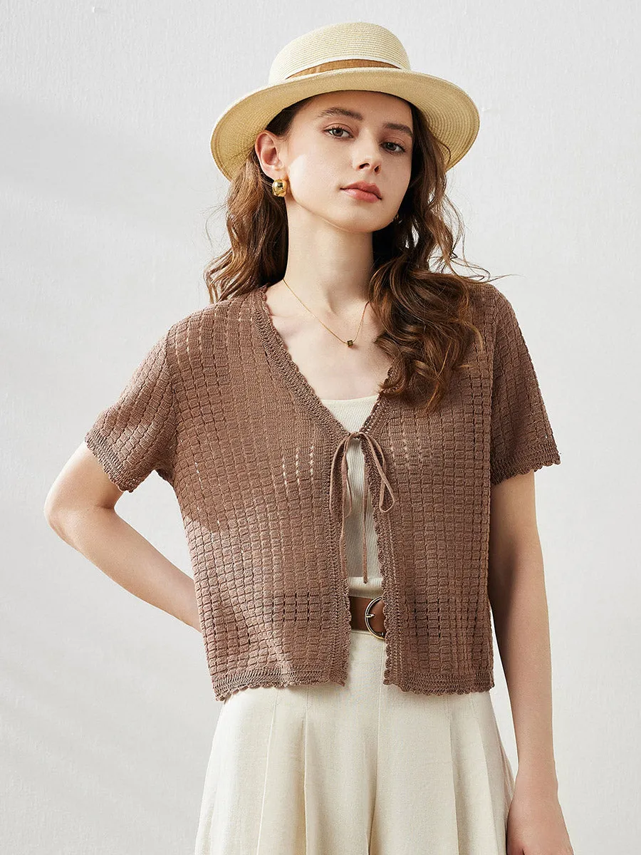 Women's Linen Crochet Tie Short Sleeve Cardigan sold by COMOBOCA