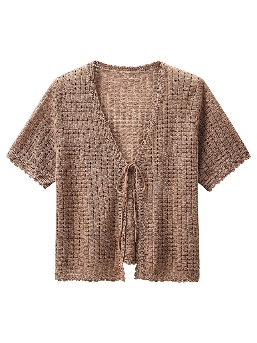 Women's Linen Crochet Tie Short Sleeve Cardigan sold by COMOBOCA product image thumbnail 5